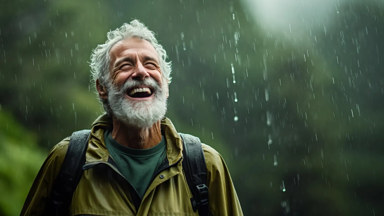 lachender Mann im Regen