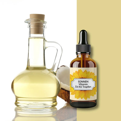Produktbild Vitamin D3 K2 Tropfen mit MCT Flasche im Hintergrund