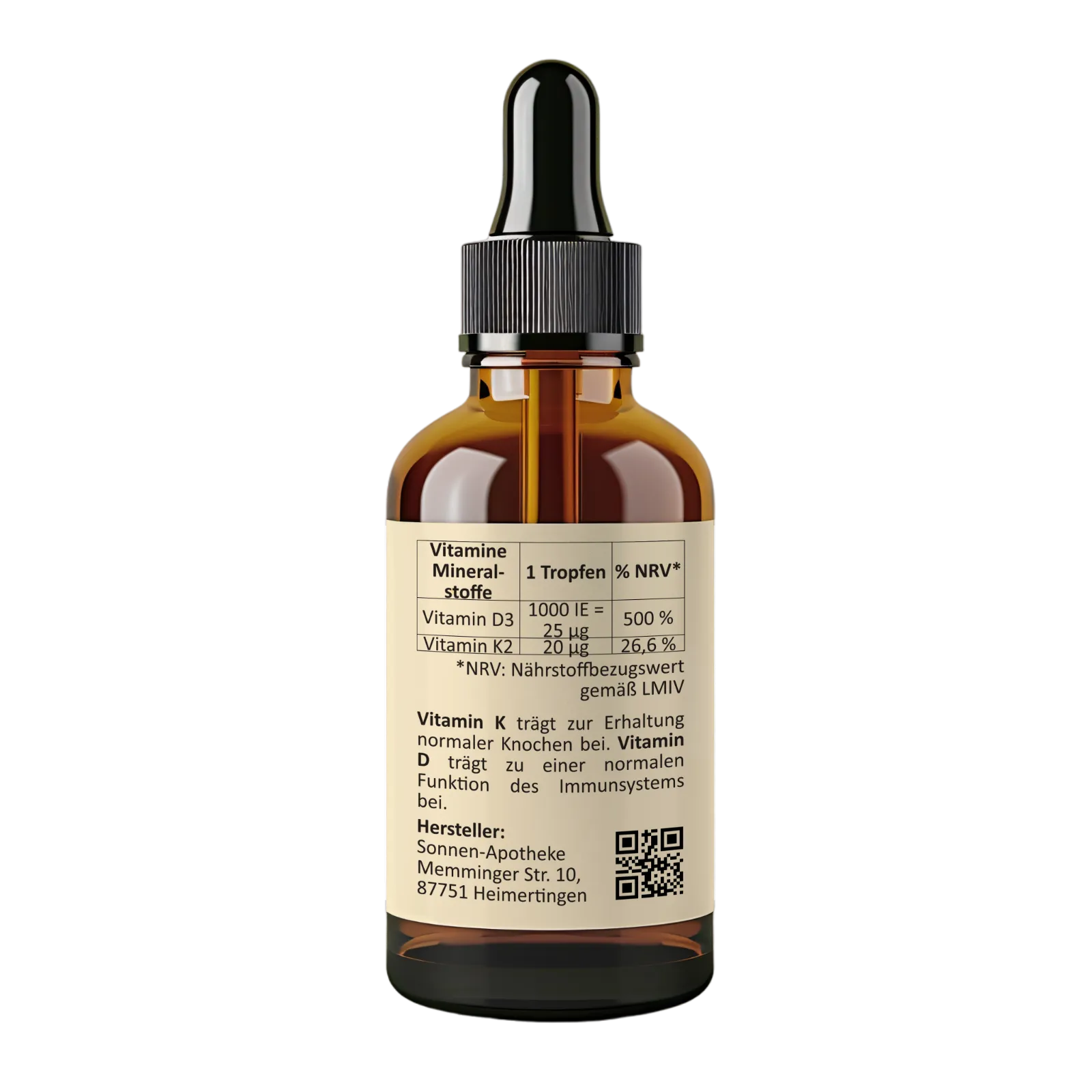 Rückseite der Pipettenflasche VItamin D3 K2 Tropfen