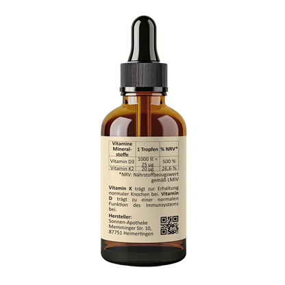 Rückseite der Pipettenflasche VItamin D3 K2 Tropfen